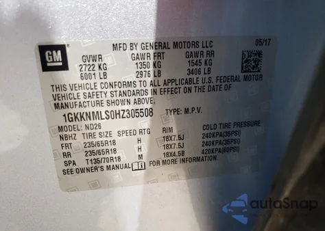 2017 GMC Acadia Slt-1 from USA, damaged, VIN 1GKKNMLS0HZ305508